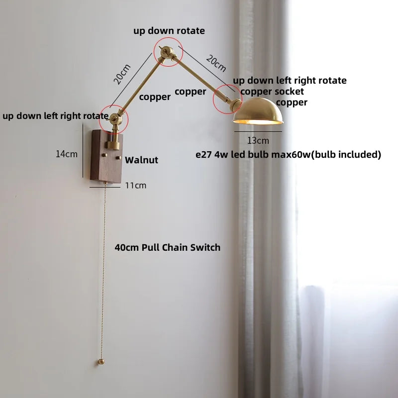 Walnut Copper Swing Arm LED Wall Light Fixture for Nodic Home Decor