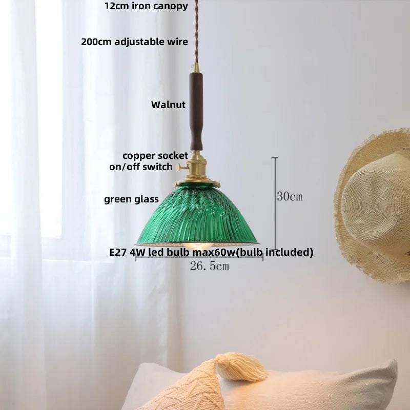 Amber Glass LED Pendant Lamp with Walnut Wood Accent - Modern Nordic Hanging Light