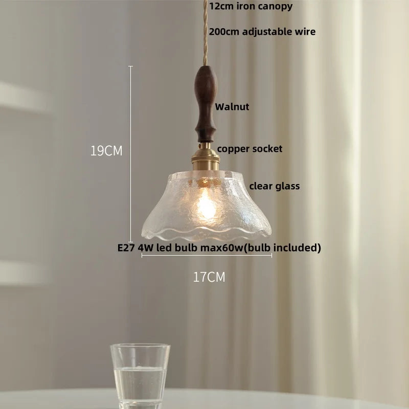 Walnut Wood Clear Glass LED Pendant Lamp - Nordic Modern Hanging Light
