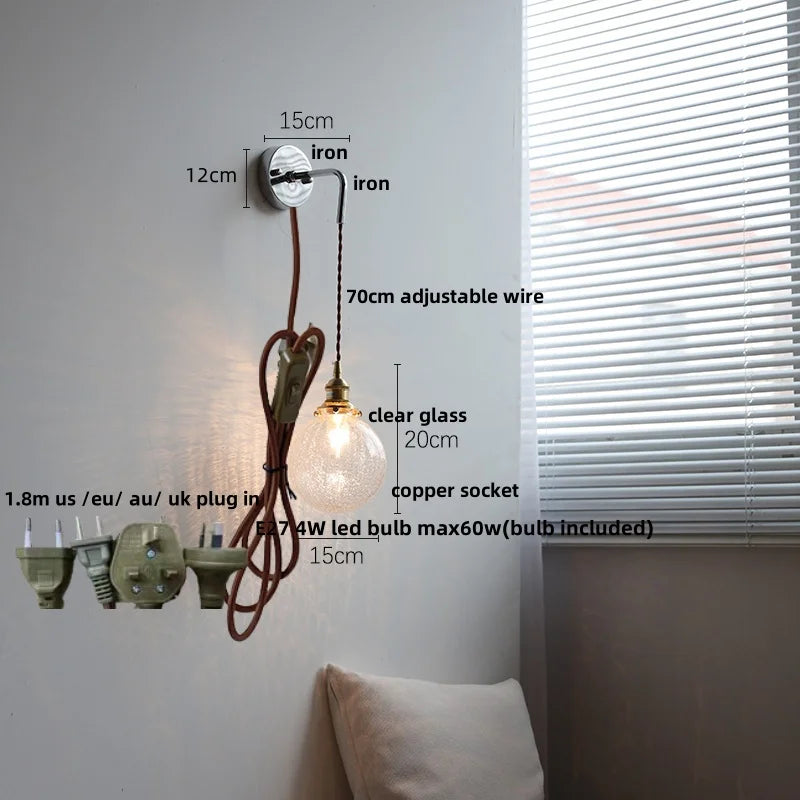 White Glass LED Wall Lights with Pull Chain Switch - Nordic Modern Bedside Lamp