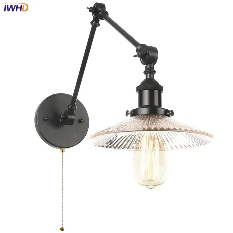 Industrial Loft Swing Arm Wall Sconce Clear Glass Pull Chain Switch Bedside Lamp