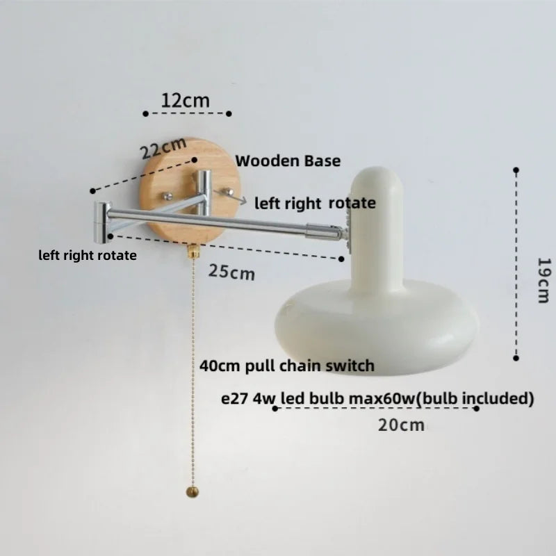 Modern Glass Swimg Arm LED Wall Lights for Study Bar Hotel Rotate Wood Bedside Lamp