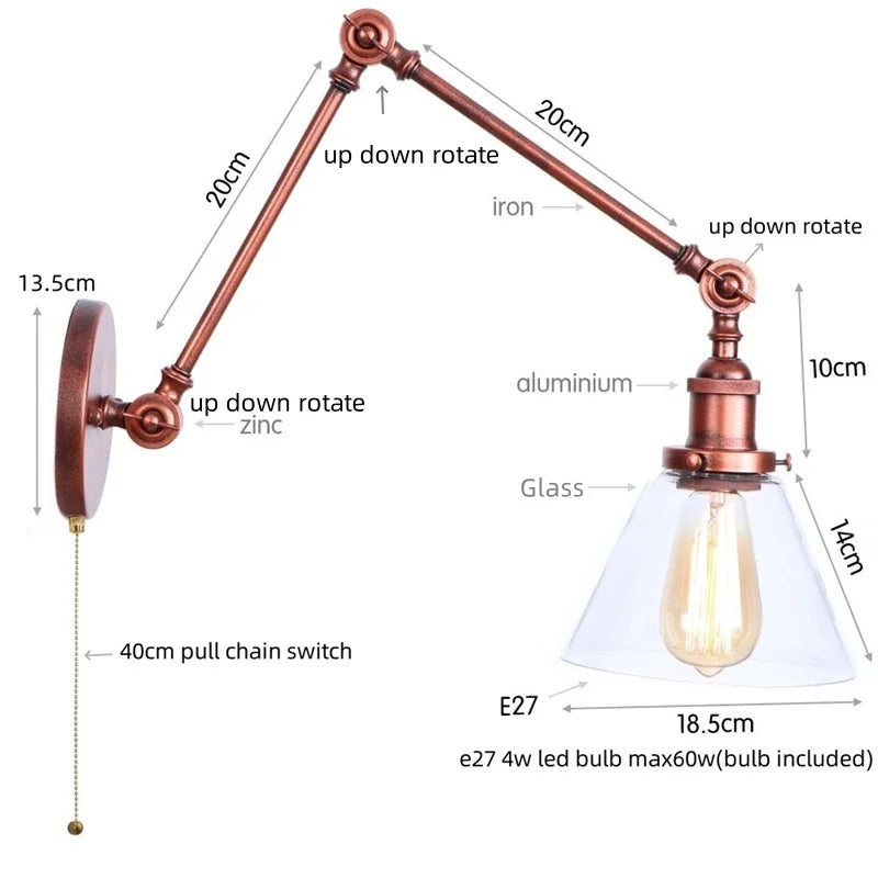 Swing Arm LED Wall Lights Pull Chain Switch Glass Ball Industrial Home Decor