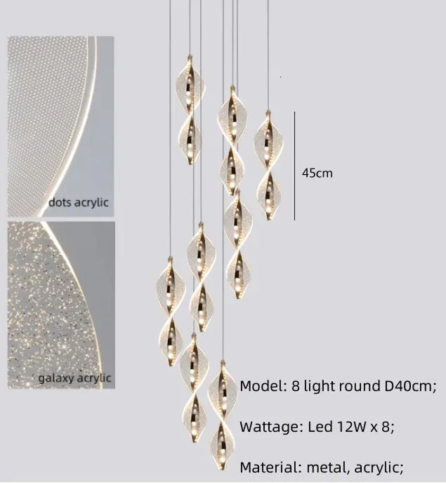 Spiral Gold LED Chandelier Acrylic Pendant Lights for Modern Bedside Stairs