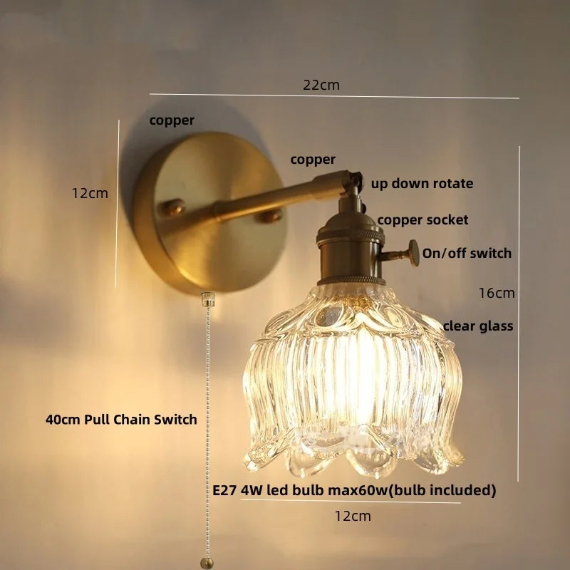 Afralia™ Copper Rotate LED Wall Light with Pull Chain Switch - Modern Glass Bedside Sconce