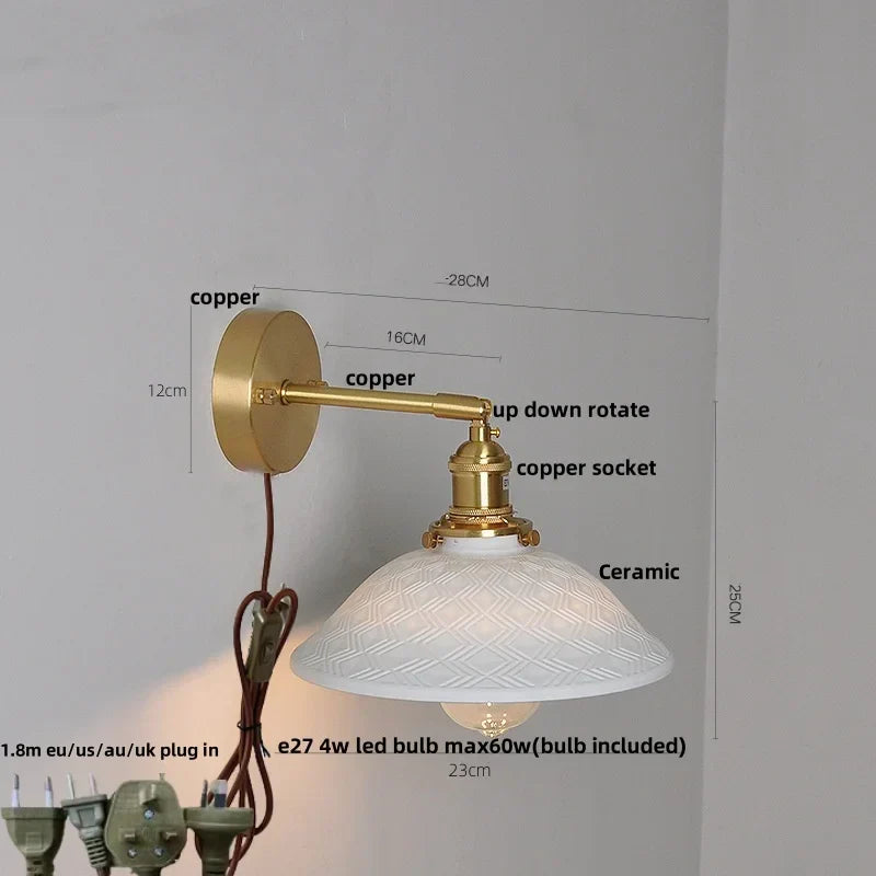 Nordic LED Wall Light Fixture Pull Chain Switch Brass Bedside Lamp