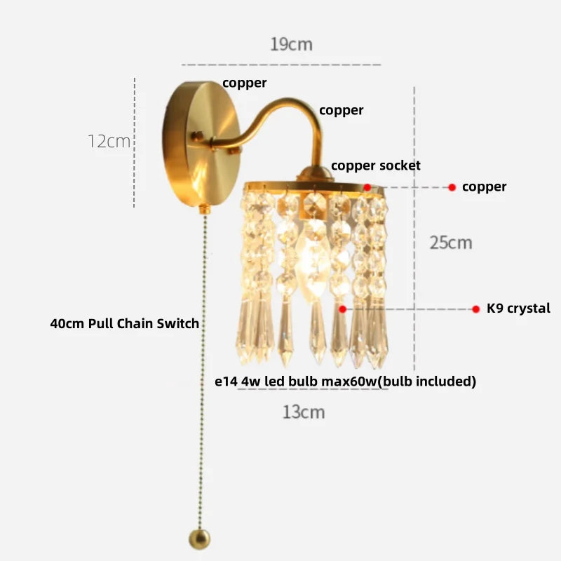 Crystal LED Wall Sconce Pull Chain Switch Brass Mirror Light