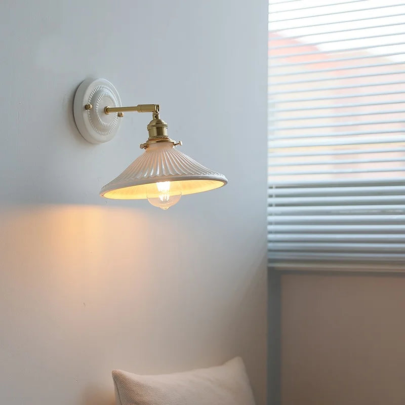 Pleats Ceramic LED Sconce Lamp with Adjustable Copper Arm for Bedroom Bathroom Mirror