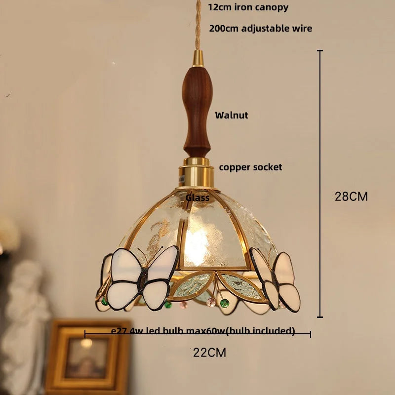 Butterfly Pink LED Pendant Lamp Walnut Wood Glass Nordic Modern Home Decor
