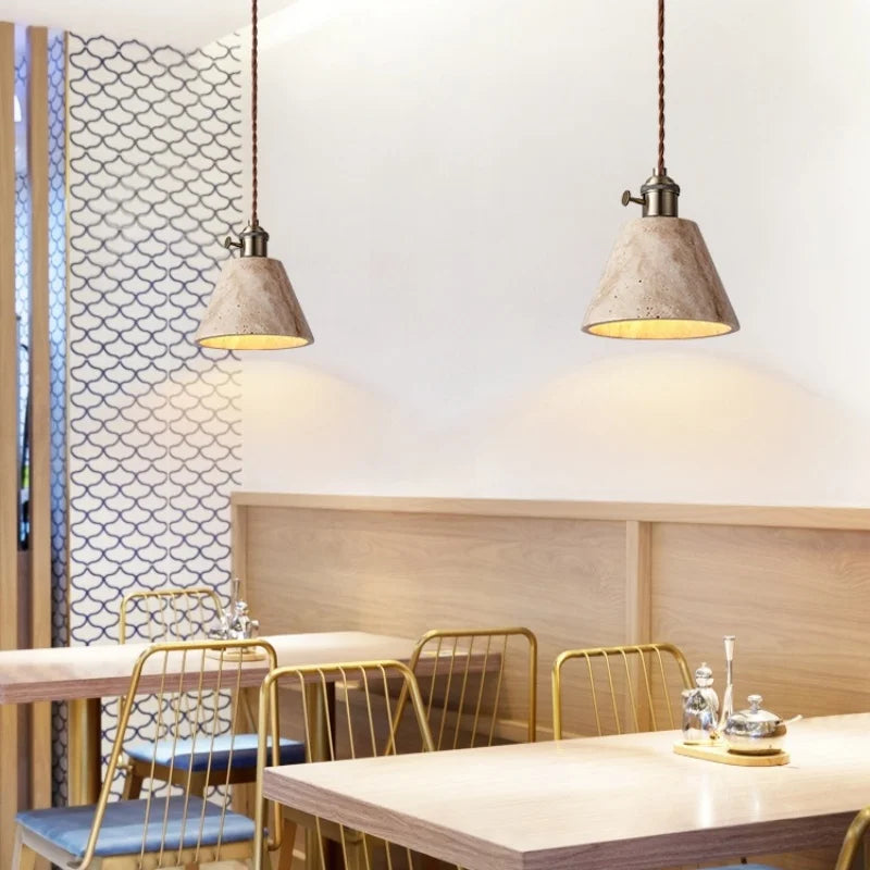 Afralia™ LED Yellow Travertine Stone Pendant Lights | Wabi Sabi Vintage Hanging Light