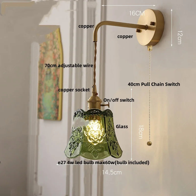 Nordic Glass Wall Lights LED Sconce Pull Chain Switch Adjustable Wire Bedside Lamp