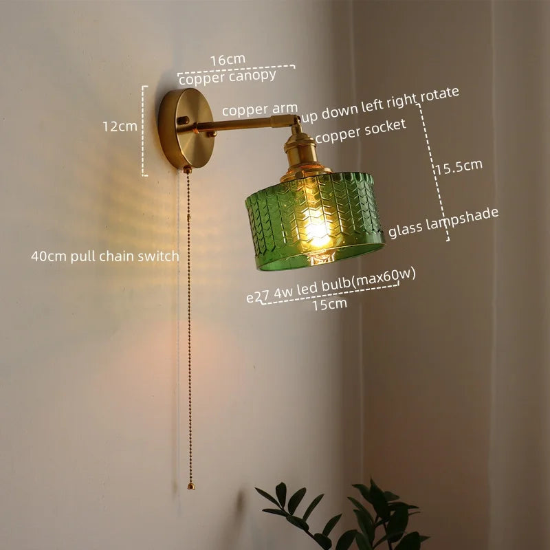 LED Glass Copper Wall Sconce Pull Chain Switch Lamp for Bedroom Living Room
