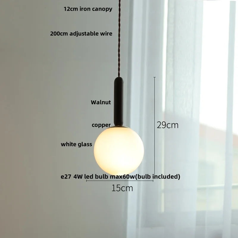 White Globe Glass LED Pendant Light Fixture with Walnut Wood, Adjustable, Nordic Modern Style