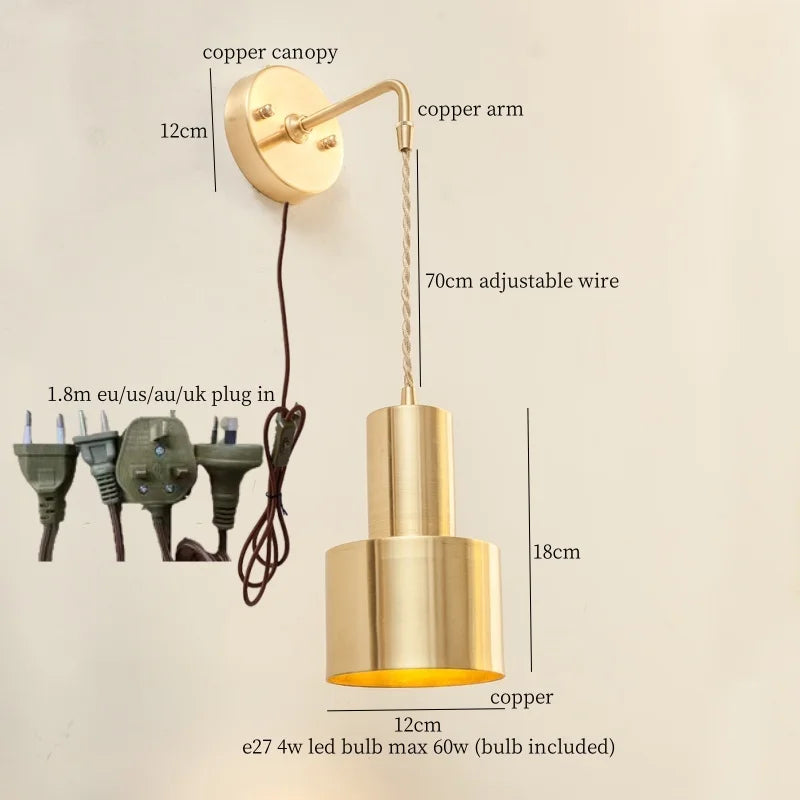 Nordic Copper LED Wall Lamp Pull Chain Switch Wandlamp