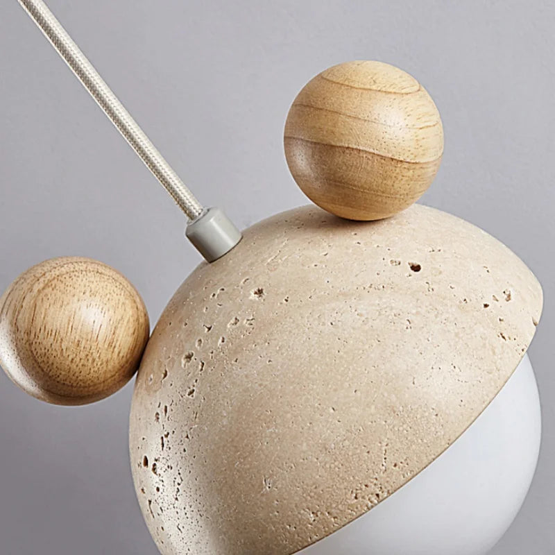 White Glass Ball Pendant Lights Yellow Travertine Wood Hang Lamp