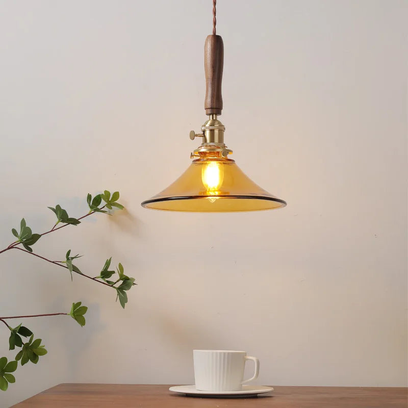 Amber Glass LED Pendant Light with Walnut Handle for Dining Living Room