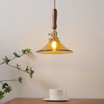 Amber Glass LED Pendant Light with Walnut Handle for Dining Living Room