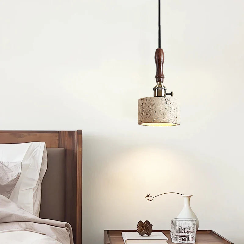 Afralia™ Wood Walnut LED Pendant Light Yellow Trivertine Stone Hanging Lamp