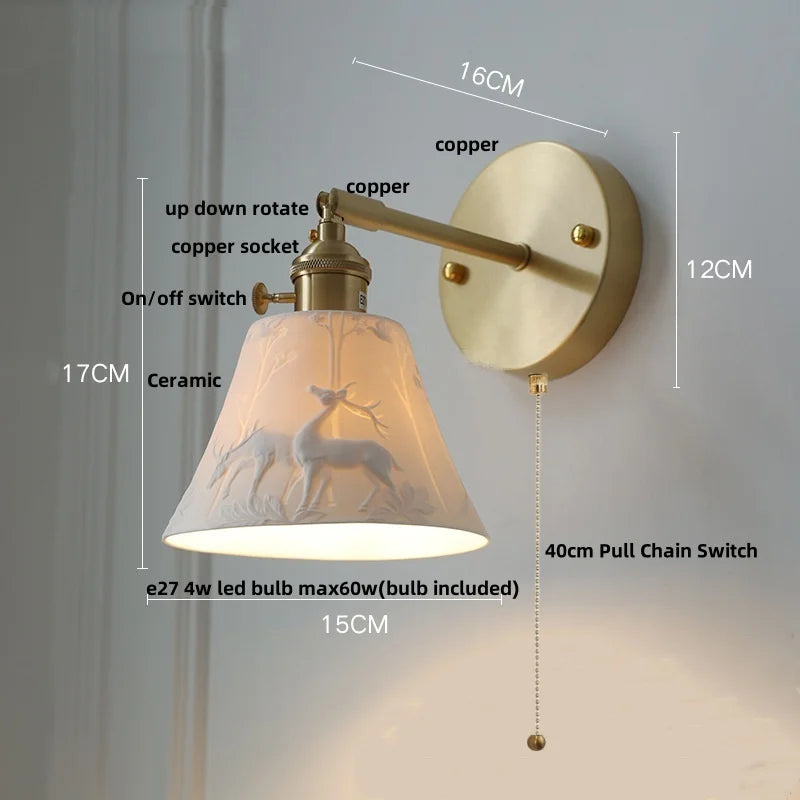 Copper LED Sconce Wall Lamp Pull Chain Switch Nordic Modern Ceramic Mirror Light