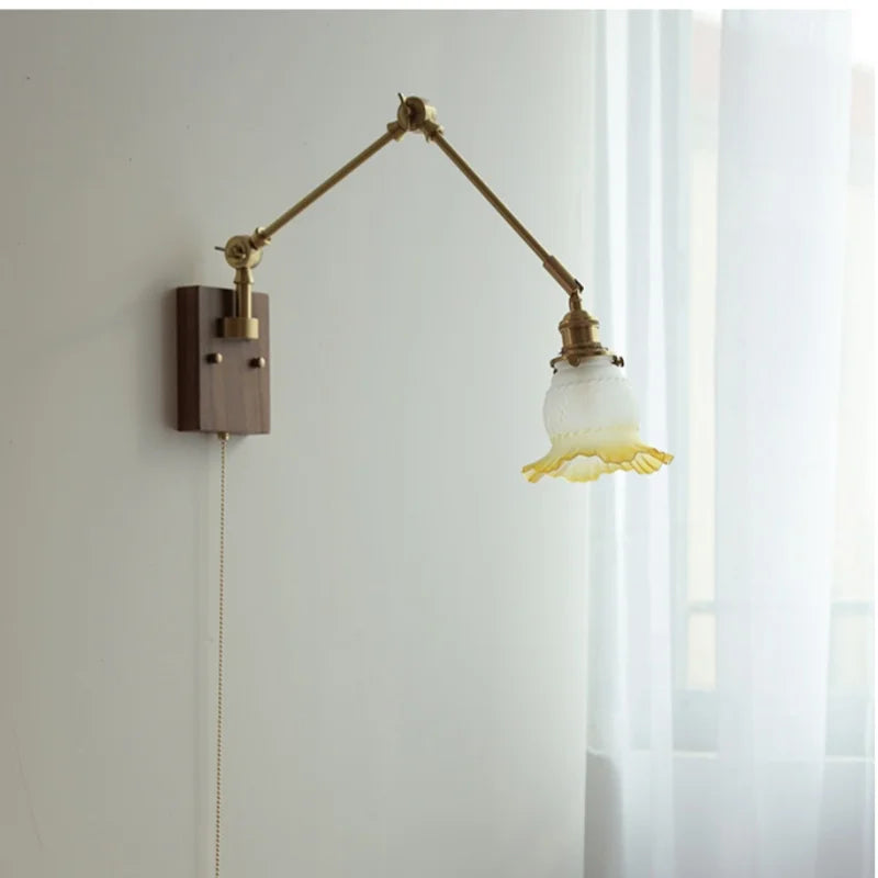 Yellow Glass LED Wall Sconce Walnut Wood Bedside Lamp