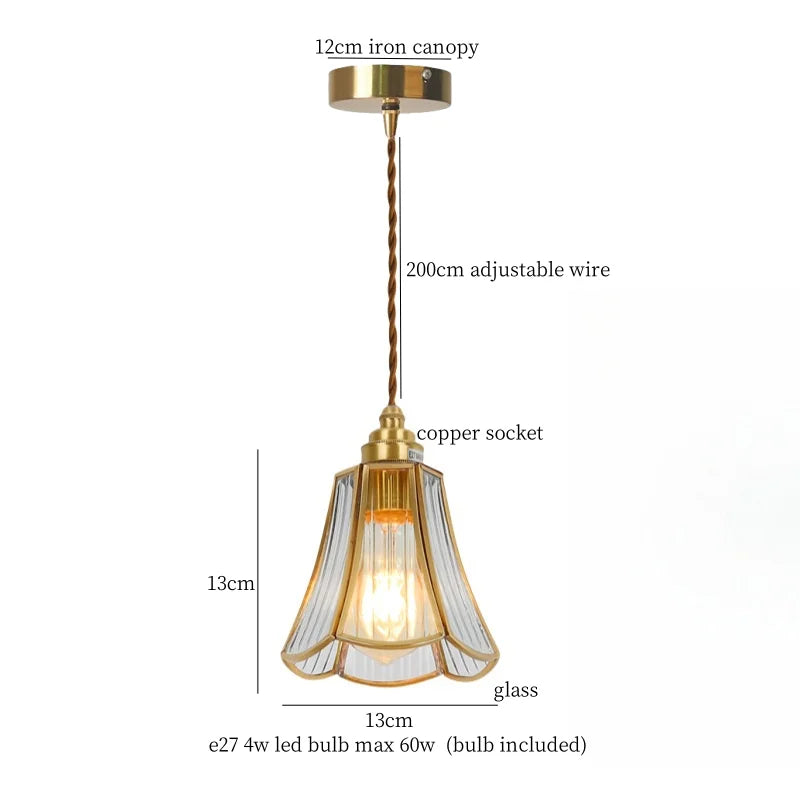 Glass LED Pendant Lights Japanese Brass Hanging Lamp for Kitchen Living Room