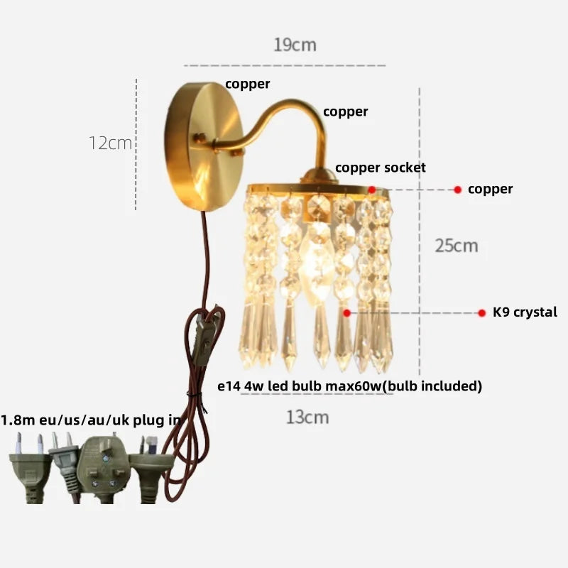 Crystal LED Wall Sconce Pull Chain Switch Brass Mirror Light