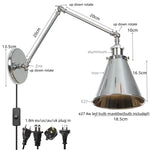 Silver Iron LED Swing Arm Wall Lights, Industrial Style, Plug-In, Stair & Bedside Lamp