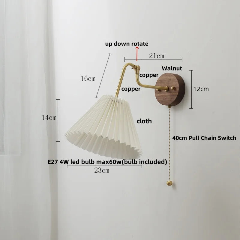 Rotating Copper LED Wall Light with Pull Chain Switch and Walnut Base