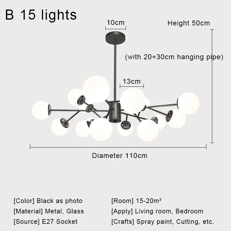 Nordic Black Glass Ball Ceiling Chandelier for Living Room Kitchen Bedroom Dining Home Décor