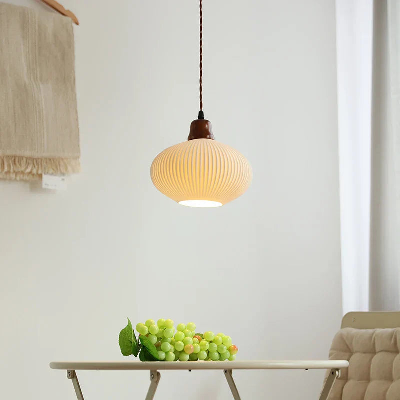Nordic LED Pendant Light White Ceramic Walnut Wood Hanging Lamp