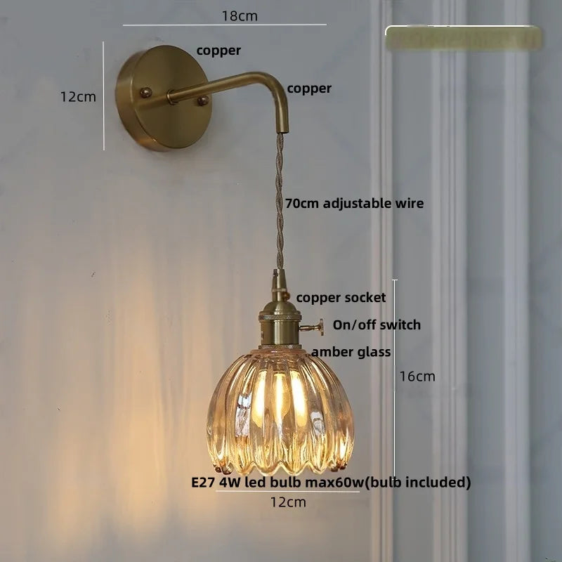 Smoke Gray Glass LED Wall Light Fixture Minimalist Pull Chain Switch Bedside Lamp