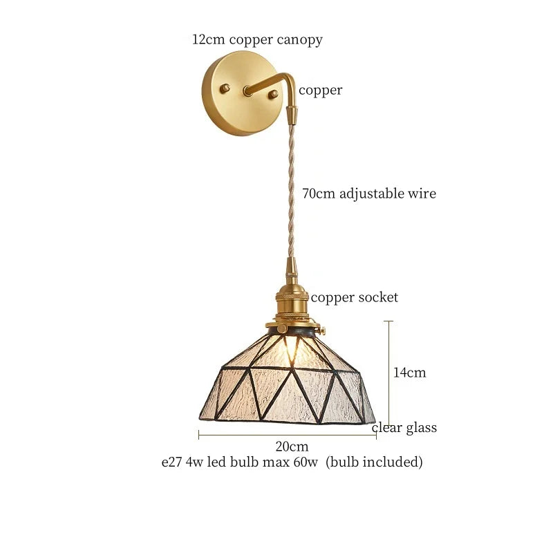 Tiffany Glass LED Wall Lamp Pull Chain Switch Vintage Copper Wall Lights