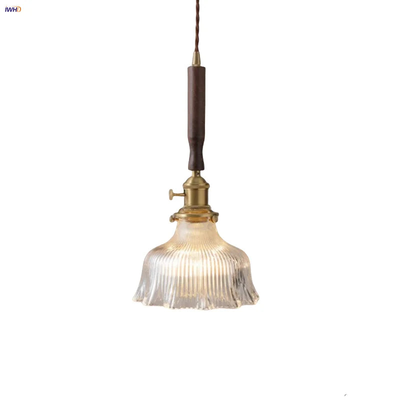 Glass LED Pendant Lamp Walnut Wood Copper Switch Nordic Hanging Light