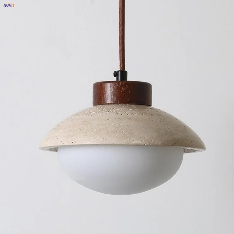 LED Pendant Light: Japanese Style, Yellow Travertine Wood, Adjustable Hanging Lamp