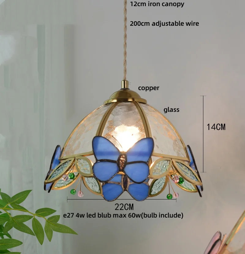 Pink Butterfly LED Pendant Light Fixture Tiffany Glass Wood Ball Hang Lamp