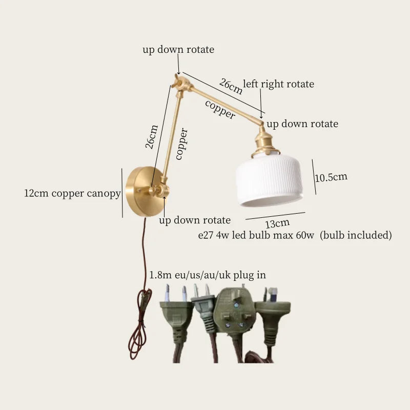 Ceramic LED Wall Lamp, Pull Chain Switch, Nordic Copper, Small Size
