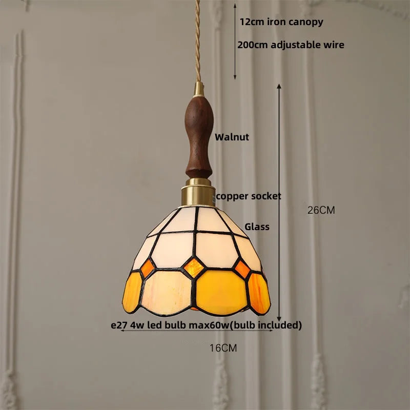 White Glass LED Pendant Light Fixture Walnut Wood Hang Lamp