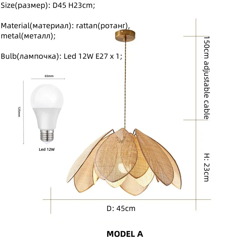 Rattan Petal Chandelier: Modern Nordic Wabi Sabi LED Pendant Light