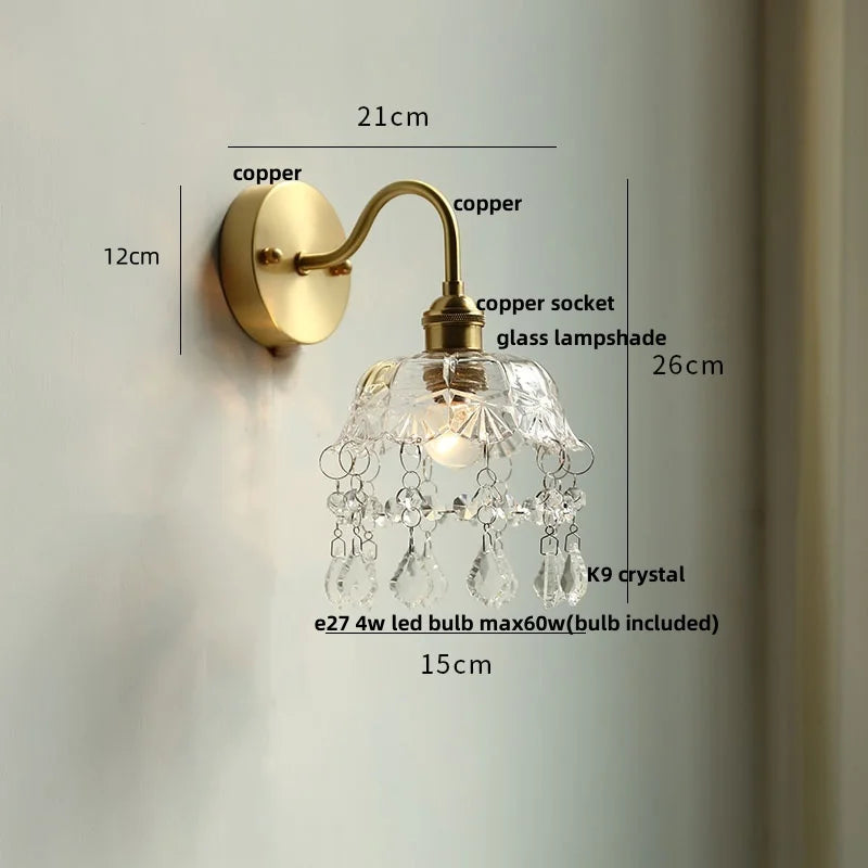 Nordic LED Wall Light with Pull Chain Switch, Crystal Glass Bedside Lamp