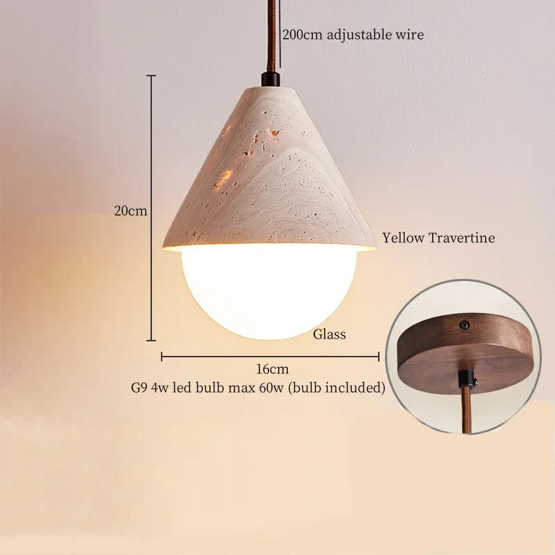 LED Pendant Lights Yellow Travertine Wood Hanging Lamp for Bedroom Dining Room