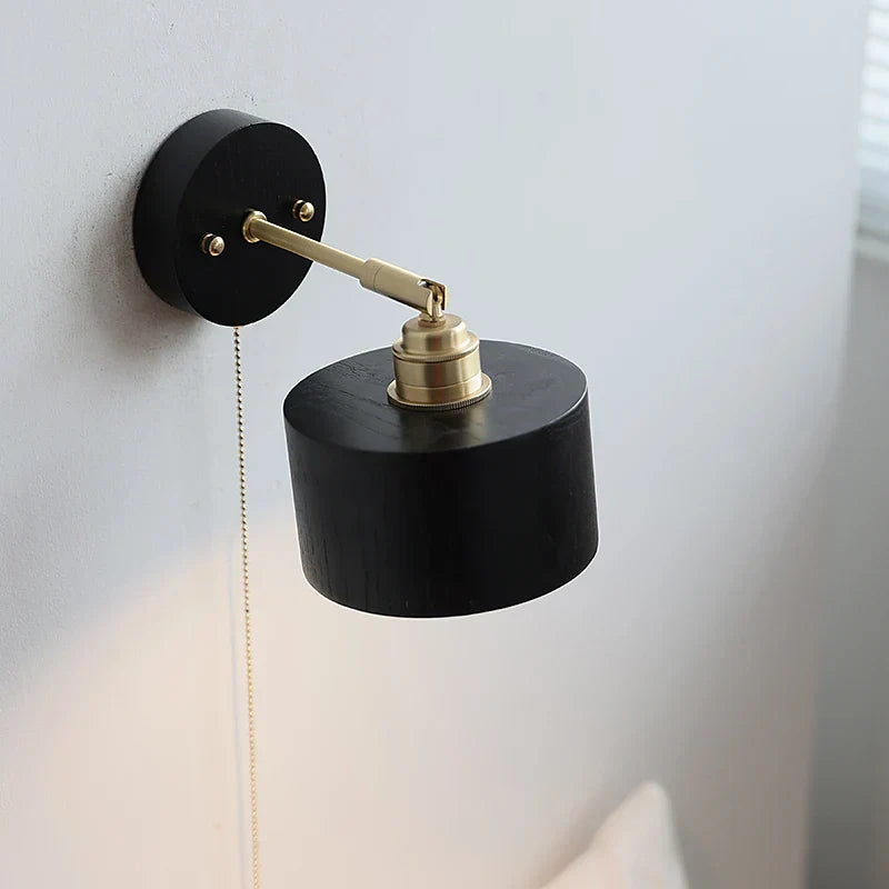 Black Wood LED Wall Light with Pull Chain Switch, Rotating Japanese Style Bedside Lamp