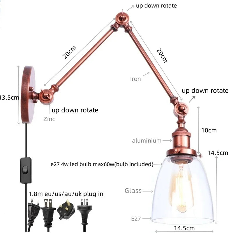 Adjustable Glass Swing Arm LED Wall Sconce with Pull Chain Switch