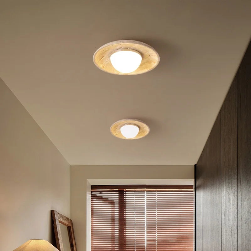 Acrylic LED Ceiling Lamp Yellow Travertine Wood Canopy Wabi Sabi Style