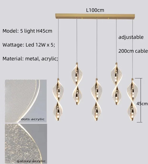 Spiral Gold LED Chandelier Acrylic Pendant Lights for Modern Bedside Stairs