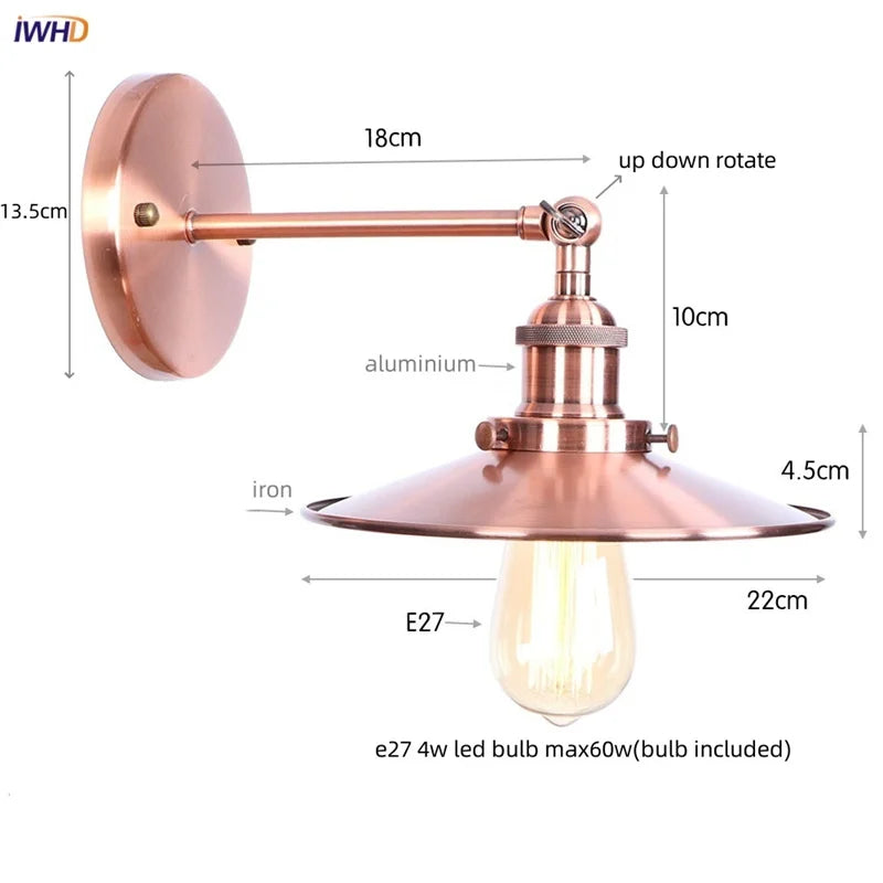 Loft LED Wall Lamp Gold Pull Chain Switch Industrial Luminaire