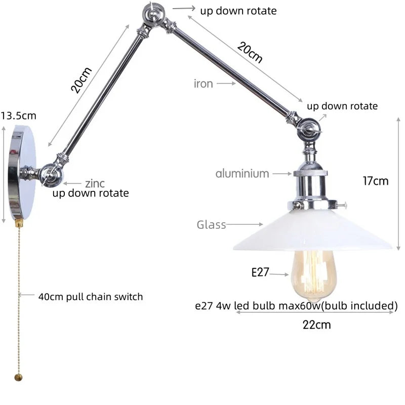 White Glass Swing Arm LED Wall Sconce for Industrial Loft, Coffee, Hallway