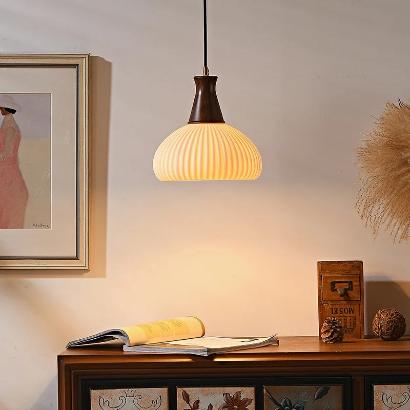 Ceramic Wood LED Pendant Lights Modern Hanging Lamp for Home Decor