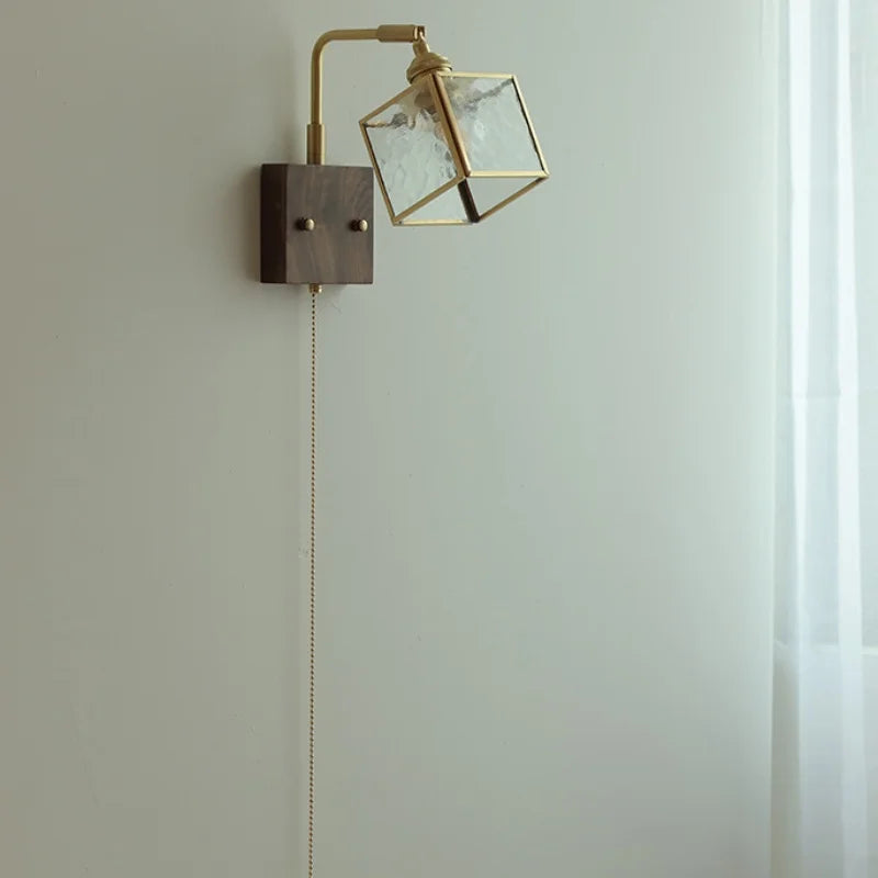 Walnut LED Wall Lights Pull Chain Switch Bedside Lamp Vintage Cube Glass Stair Light