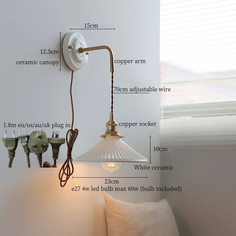 Afralia™ Copper Ceramic LED Wall Light with Pull Chain Switch for Living Room Decor.