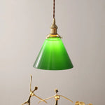 Copper Canopy LED Pendant Light Fixture Green Glass Hanging Lamp